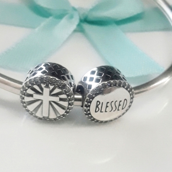 925 Sterling Silver BLESSED/ CROSS bracelet charm FITS Pandora - Picture 5 of 5